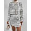 imageFloerns Womens 2 Piece Outfits Plaid Tweed Blazer Long Sleeve Jacket and Skirt SetWhite Cream