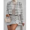 imageFloerns Womens 2 Piece Outfits Plaid Tweed Blazer Long Sleeve Jacket and Skirt SetWhite Cream