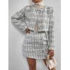 imageFloerns Womens 2 Piece Outfits Plaid Tweed Blazer Long Sleeve Jacket and Skirt SetWhite Cream