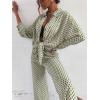 imageFloerns Womens 2 Piece Outfits Slit Hem Longline Blouse and Wide Leg Pants SetGreen Argyle