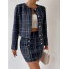 imageFloerns Womens Elegant 2 Piece Outfits Plaid Pattern Tweed Jacket and Midi SkirtNavy Blue
