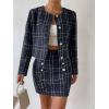 imageFloerns Womens Elegant 2 Piece Outfits Plaid Pattern Tweed Jacket and Midi SkirtNavy Blue