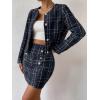 imageFloerns Womens Elegant 2 Piece Outfits Plaid Pattern Tweed Jacket and Midi SkirtNavy Blue