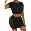 imageFloerns Womens 2 Piece Outfit Crop Top Tee and Ruched Bodycon Mini Skirt SetBlack