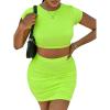 imageFloerns Womens 2 Piece Outfit Crop Top Tee and Ruched Bodycon Mini Skirt SetLime Green