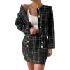 imageFloerns Womens Elegant 2 Piece Outfits Plaid Pattern Tweed Jacket and Midi SkirtBlack