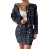 imageFloerns Womens Elegant 2 Piece Outfits Plaid Pattern Tweed Jacket and Midi SkirtNavy Blue