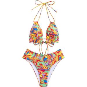 imageFloerns Womens 2 Piece Allover Print Halter High Waist V Cut Triangle Bikini SetsOrange