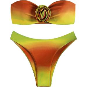 imageFloerns Womens 2 Piece Ombre 3D Floral Appliques Bikini Set Tube Top High Cut SwimsuitArmy Green