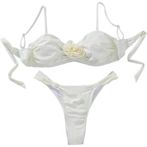 imageFloerns Womens 2 Piece Ombre 3D Floral Appliques Bikini Set Tube Top High Cut SwimsuitBeige