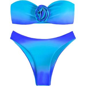 imageFloerns Womens 2 Piece Ombre 3D Floral Appliques Bikini Set Tube Top High Cut SwimsuitBlue