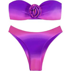 imageFloerns Womens 2 Piece Ombre 3D Floral Appliques Bikini Set Tube Top High Cut SwimsuitPurple
