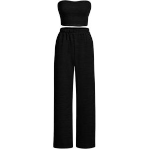imageFloerns Womens 2 Piece Outfit Bandeau Crop Tube Top and Wide Leg Pants SetBlack