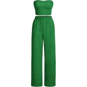 imageFloerns Womens 2 Piece Outfit Bandeau Crop Tube Top and Wide Leg Pants SetGreen