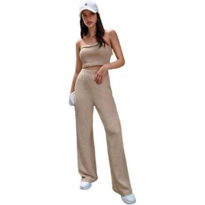 imageFloerns Womens 2 Piece Outfit Bandeau Crop Tube Top and Wide Leg Pants SetKhaki