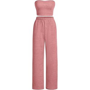 imageFloerns Womens 2 Piece Outfit Bandeau Crop Tube Top and Wide Leg Pants SetPink