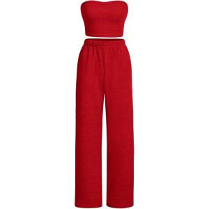 imageFloerns Womens 2 Piece Outfit Bandeau Crop Tube Top and Wide Leg Pants SetRed