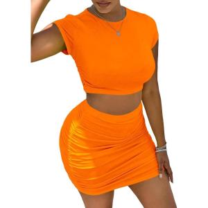 imageFloerns Womens 2 Piece Outfit Crop Top Tee and Ruched Bodycon Mini Skirt SetOrange