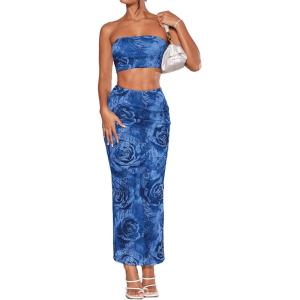 imageFloerns Womens 2 Piece Outfit Floral Print Crop Tube Top and Pencil Skirt SetBlue