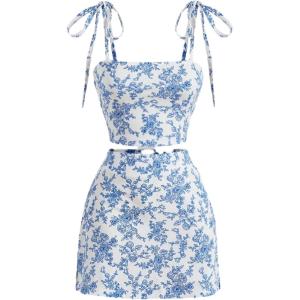 imageFloerns Womens 2 Piece Outfit Floral Print Tie Shoulder Cami Top with Skirt SetBlue and White