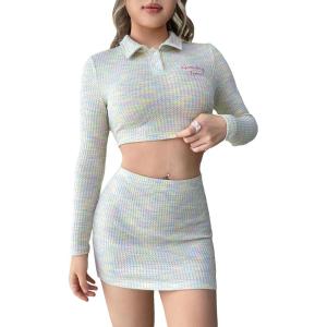 imageFloerns Womens 2 Piece Outfit Letter Graphic Collared Crop Top and Skirt SetGrey and Pink