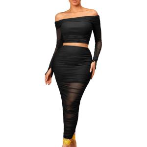 imageFloerns Womens 2 Piece Outfit Off Shoulder Crop Top and Ruched Pencil Skirt SetBlack