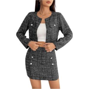 imageFloerns Womens 2 Piece Outfit Plaid Print Open Front Jacket and Bodycon Skirt SetBlack