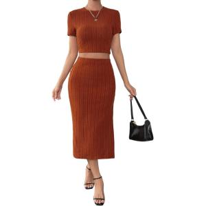 imageFloerns Womens 2 Piece Outfit Rib Knit Crop Top Tee with Slit Hem Skirt SetRust Brown