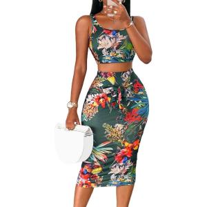 imageFloerns Womens 2 Piece Outfit Scoop Neck Crop Tank Top Tie Front Pencil Skirt SetA Dark Green