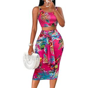 imageFloerns Womens 2 Piece Outfit Scoop Neck Crop Tank Top Tie Front Pencil Skirt SetHot Pink