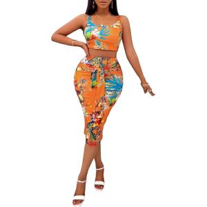 imageFloerns Womens 2 Piece Outfit Scoop Neck Crop Tank Top Tie Front Pencil Skirt SetMustard Yellow