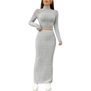 imageFloerns Womens 2 Piece Outfit Solid Rib Knit Mock Neck Tee Shirt and Skirt SetGrey