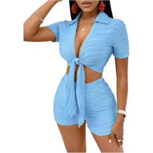 imageFloerns Womens 2 Piece Outfit Tie Front Short Sleeve Crop Top with Shorts SetDusty Blue