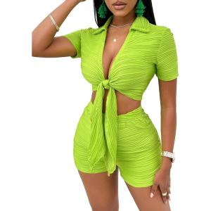 imageFloerns Womens 2 Piece Outfit Tie Front Short Sleeve Crop Top with Shorts SetGreen