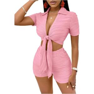 imageFloerns Womens 2 Piece Outfit Tie Front Short Sleeve Crop Top with Shorts SetLight Pink