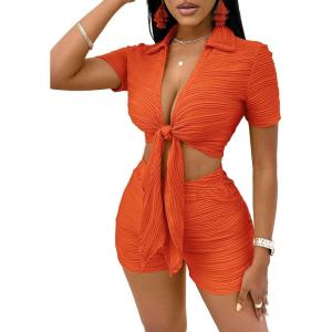 imageFloerns Womens 2 Piece Outfit Tie Front Short Sleeve Crop Top with Shorts SetOrange
