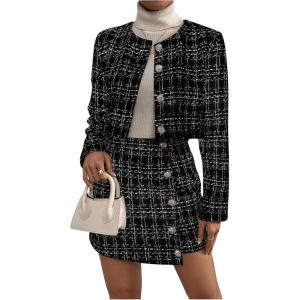 imageFloerns Womens 2 Piece Outfits Plaid Tweed Blazer Long Sleeve Jacket and Skirt SetBlack Ink