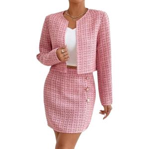 imageFloerns Womens 2 Piece Outfits Plaid Tweed Blazer Long Sleeve Jacket and Skirt SetLight Pink