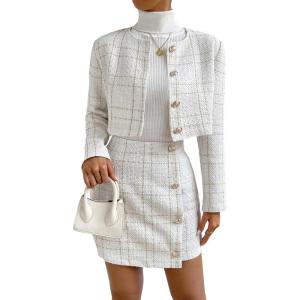 imageFloerns Womens 2 Piece Outfits Plaid Tweed Blazer Long Sleeve Jacket and Skirt SetWhite Pearl