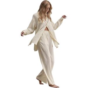 imageFloerns Womens 2 Piece Outfits Slit Hem Longline Blouse and Wide Leg Pants SetA Beige