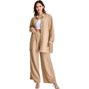 imageFloerns Womens 2 Piece Outfits Slit Hem Longline Blouse and Wide Leg Pants SetApricot Plain
