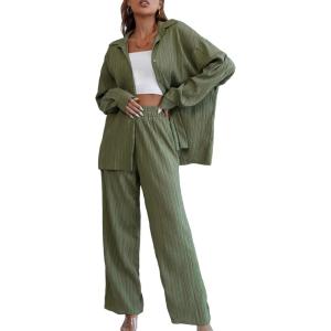 imageFloerns Womens 2 Piece Outfits Slit Hem Longline Blouse and Wide Leg Pants SetArmy Green