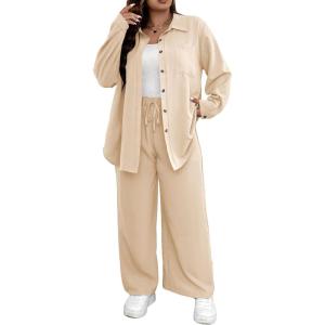imageFloerns Womens 2 Piece Outfits Slit Hem Longline Blouse and Wide Leg Pants SetBeige Plus Size