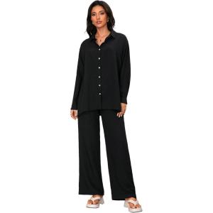 imageFloerns Womens 2 Piece Outfits Slit Hem Longline Blouse and Wide Leg Pants SetBlack