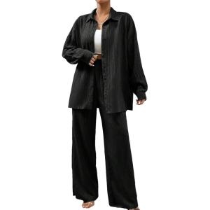 imageFloerns Womens 2 Piece Outfits Slit Hem Longline Blouse and Wide Leg Pants SetBlack Dull