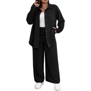 imageFloerns Womens 2 Piece Outfits Slit Hem Longline Blouse and Wide Leg Pants SetBlack Jade