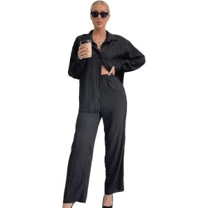 imageFloerns Womens 2 Piece Outfits Slit Hem Longline Blouse and Wide Leg Pants SetBlack Solid