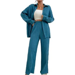 imageFloerns Womens 2 Piece Outfits Slit Hem Longline Blouse and Wide Leg Pants SetBlue Solid