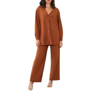 imageFloerns Womens 2 Piece Outfits Slit Hem Longline Blouse and Wide Leg Pants SetCaramel Brown