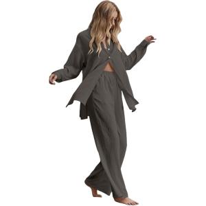 imageFloerns Womens 2 Piece Outfits Slit Hem Longline Blouse and Wide Leg Pants SetChocolate Brown